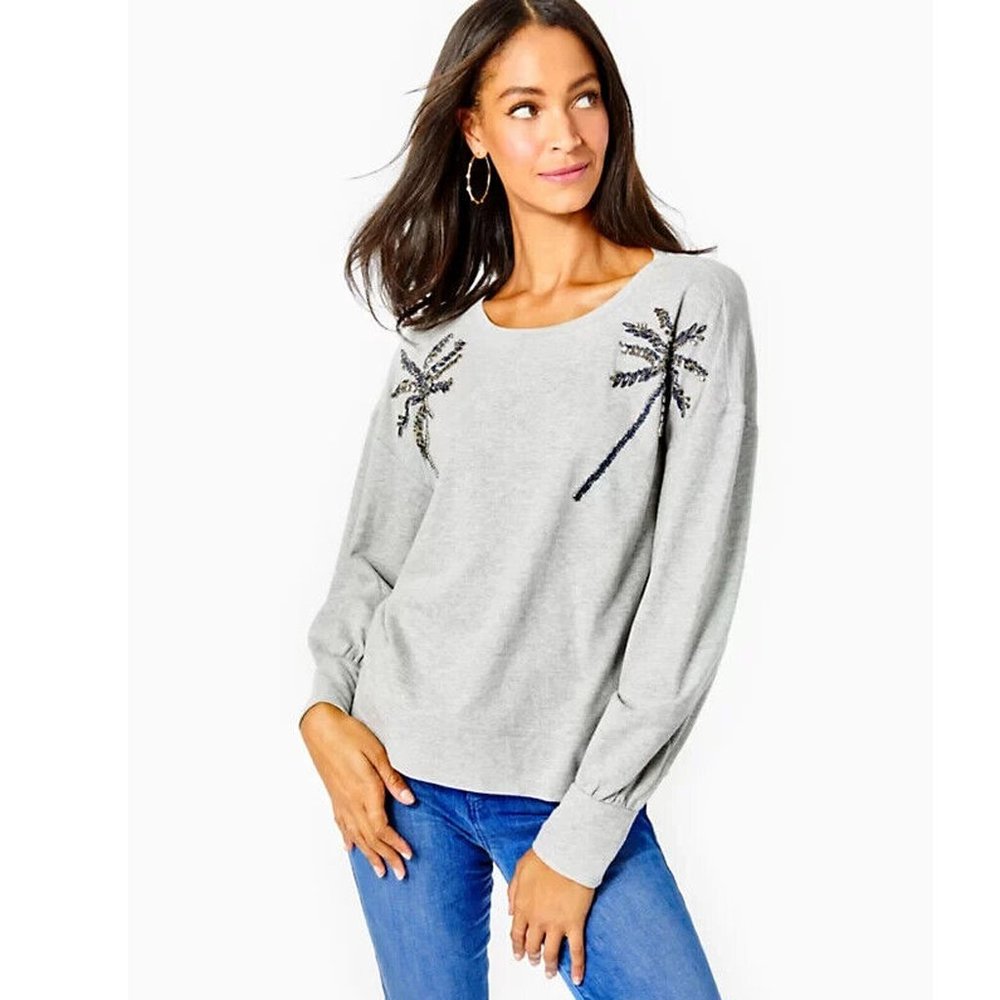 Lilly Pulitzer Tippie Embellished Sweatshirt Top Cotton Beaded Artwork M